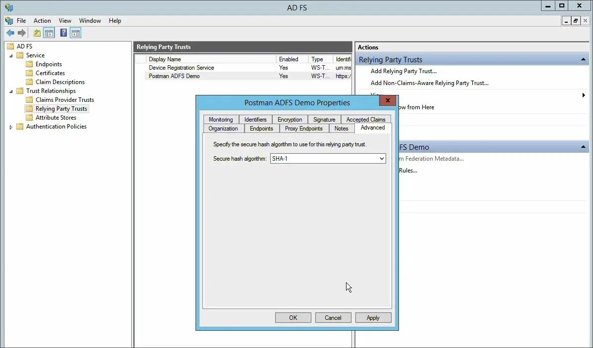 تنظیم Secure hash algorithm روی SHA-1 در trust settings AD FS