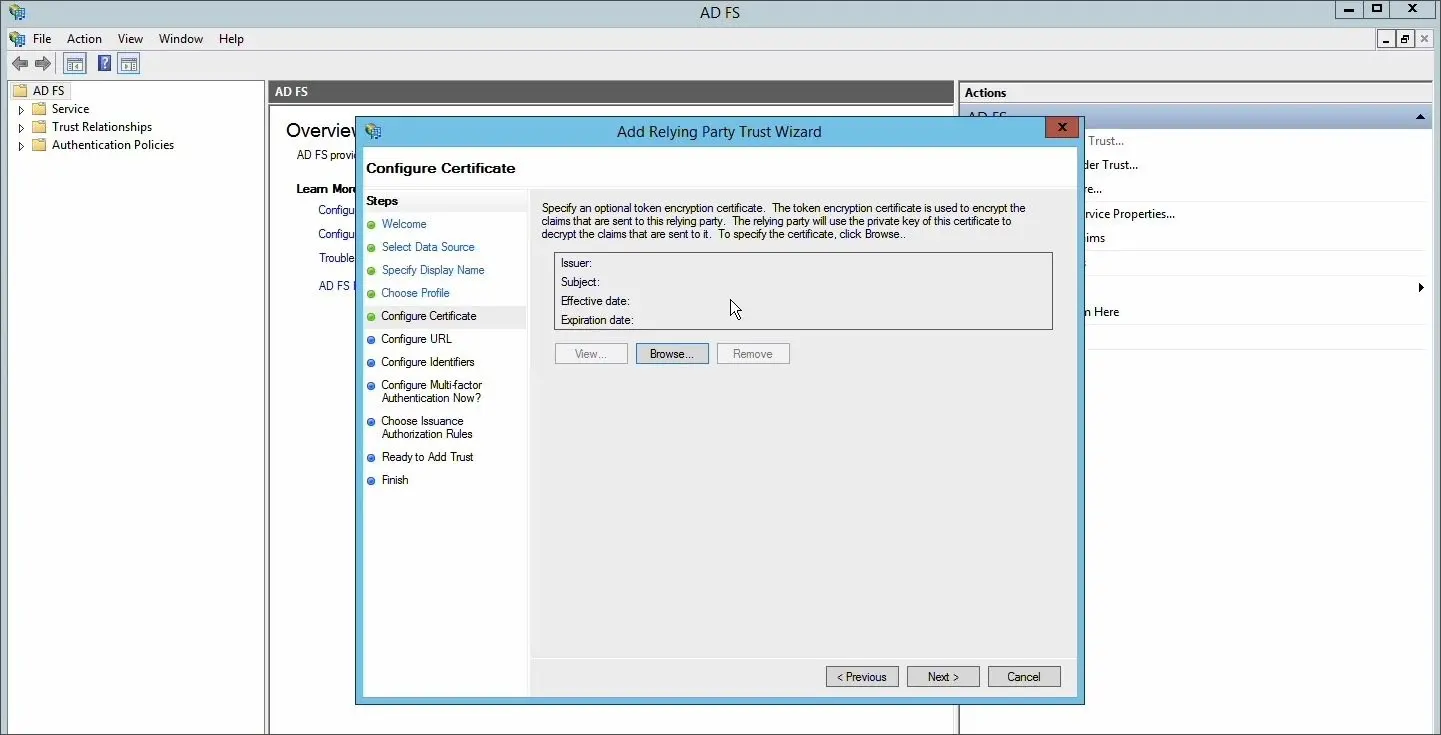 مرحله Configure Certificate در AD FS برای بارگذاری Encryption Certificate پستمن