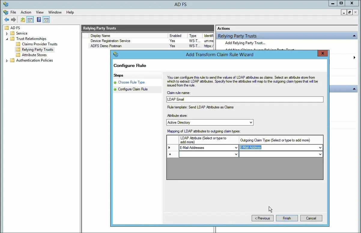 تنظیم Send LDAP Attributes as Claims برای ایمیل کاربران در AD FS