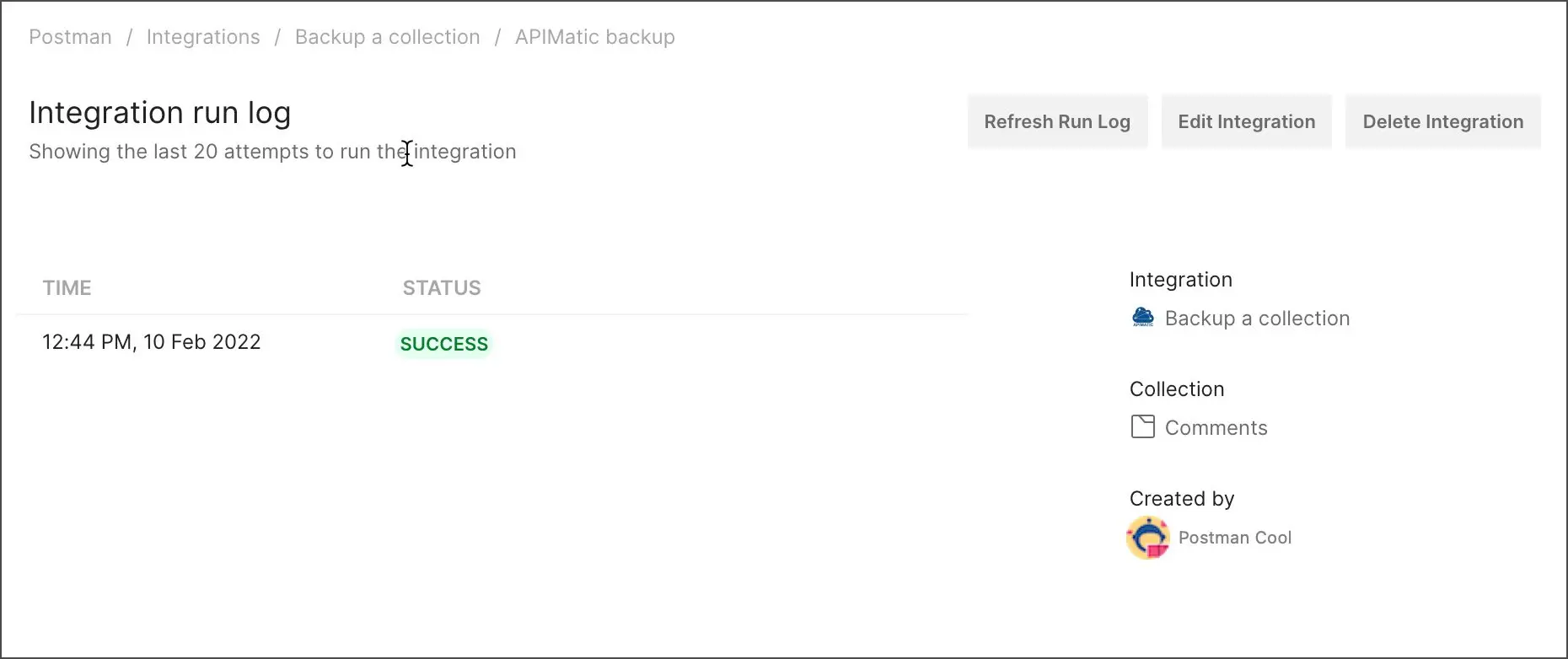 نمای Run Log برای Integration مربوط به APIMatic در Postman