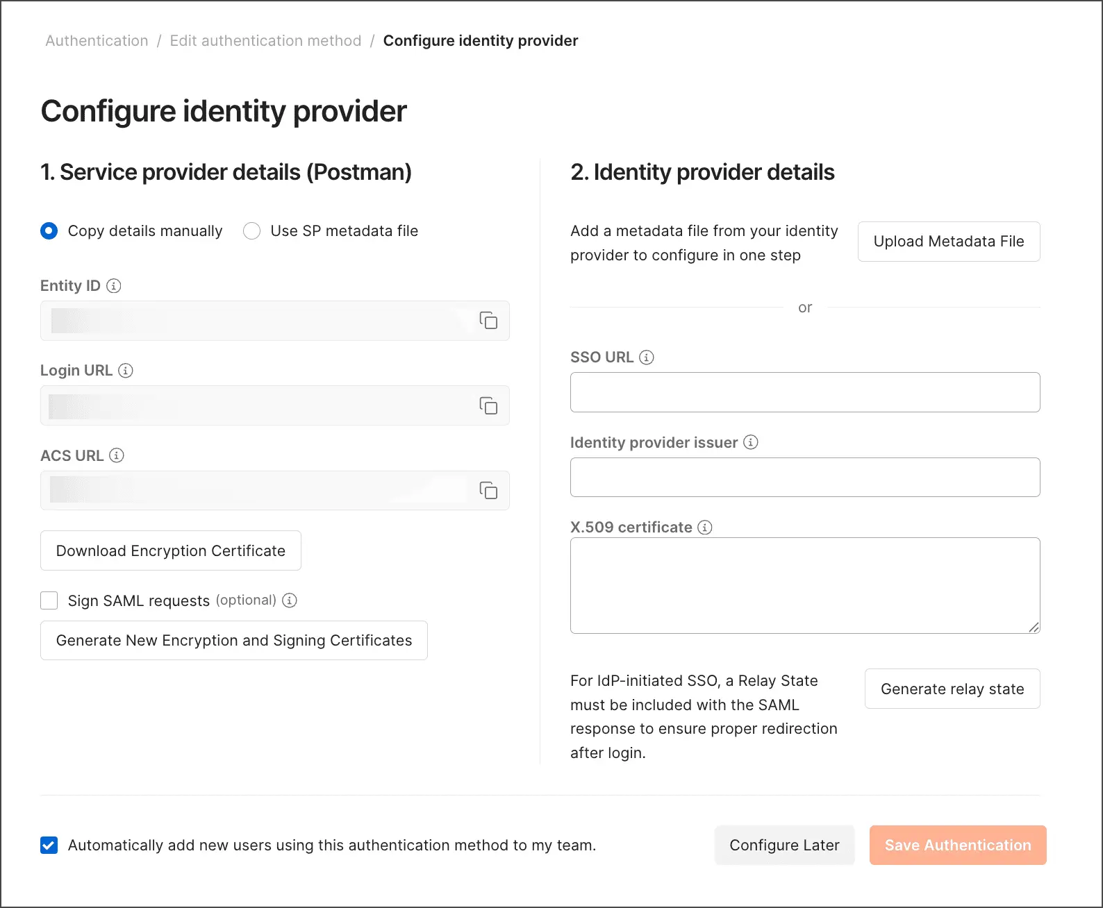 فرم تنظیم جزئیات Identity Provider در SSO پستمن