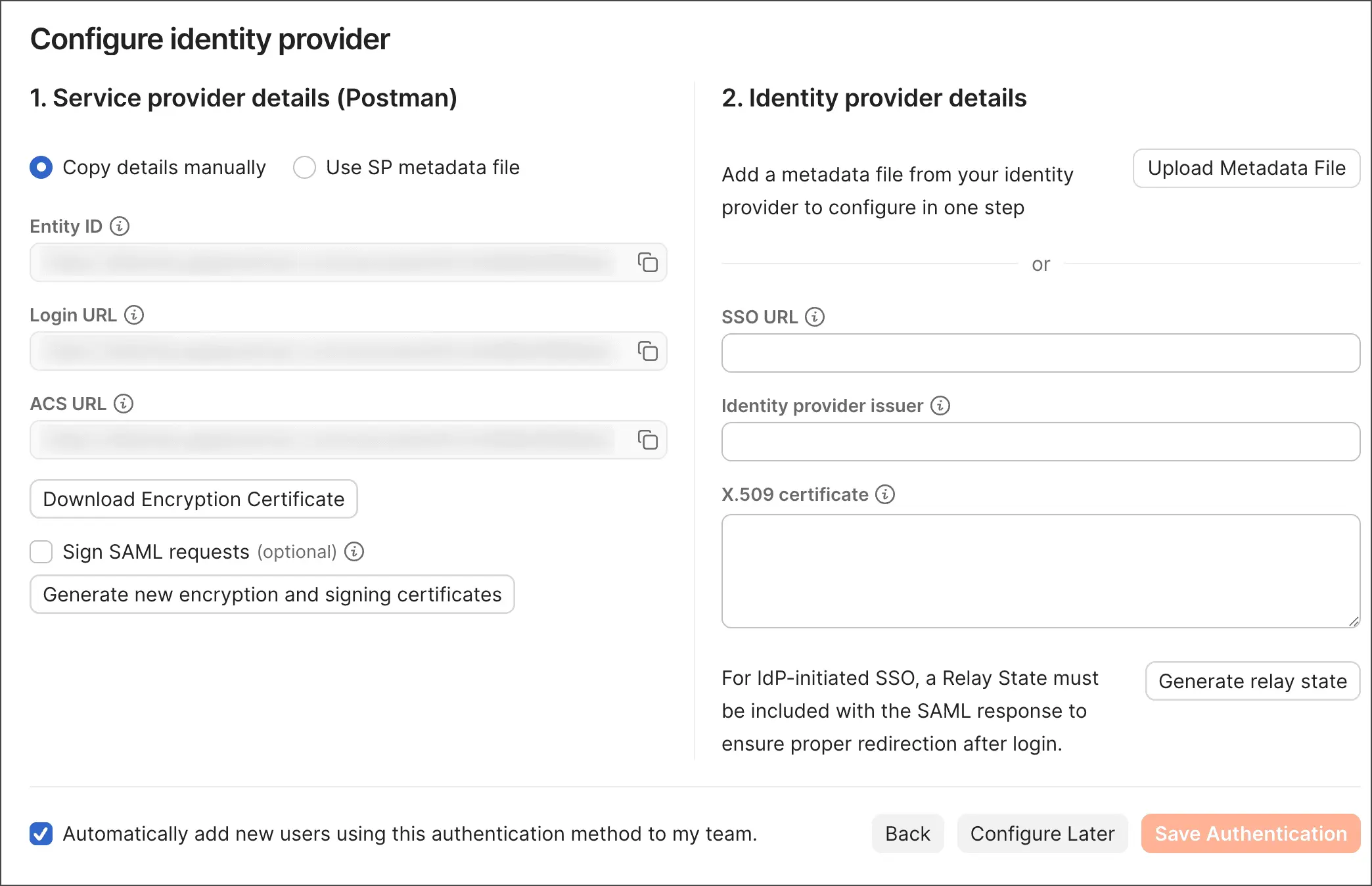 صفحه Configure identity provider details در Postman برای Okta SSO