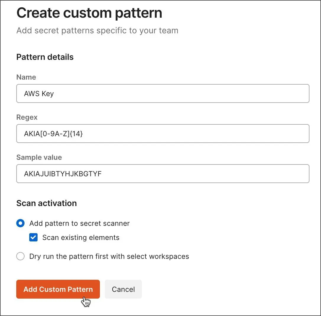 فرم ساخت Custom Pattern در داشبورد Secret Scanner پستمن