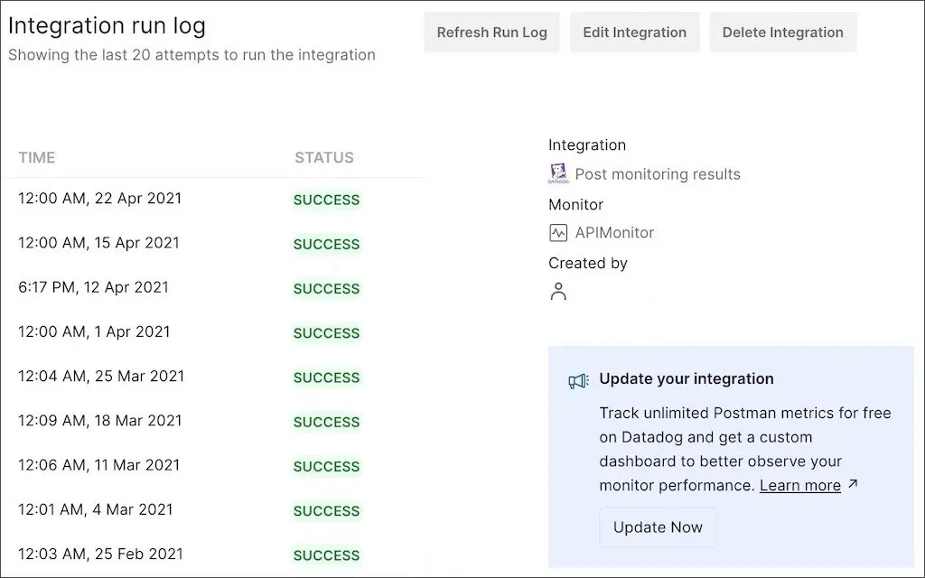 نمای گزینه Update Now برای به‌روزرسانی یکپارچه‌سازی Datadog در Postman