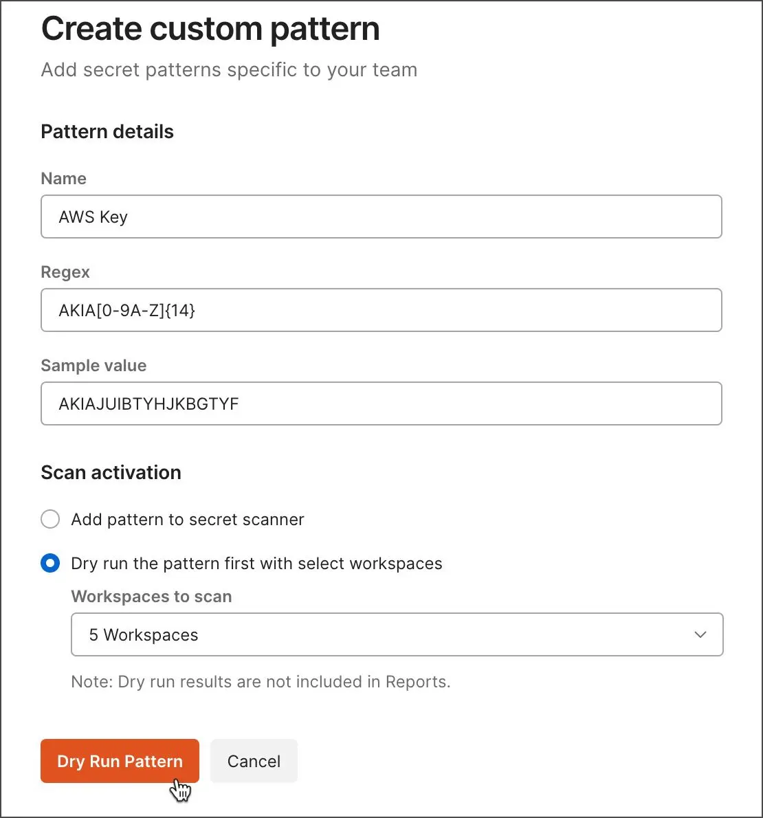 انتخاب workspaceها برای Dry Run کردن Custom Pattern در Secret Scanner