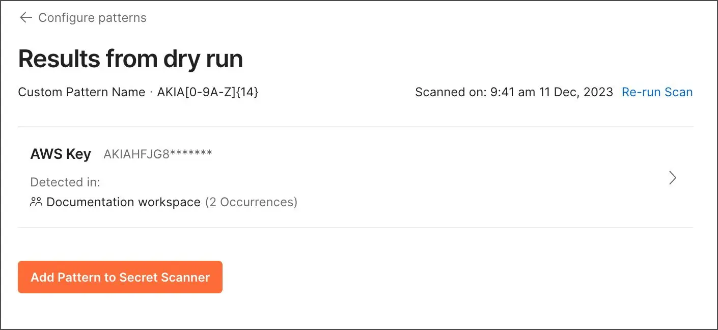 نمای نتایج Dry Run برای Custom Pattern در داشبورد Secret Scanner
