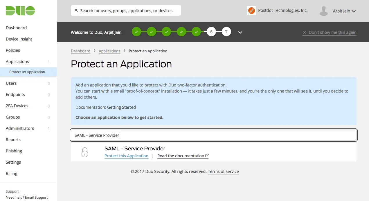 جستجوی SAML Service Provider و انتخاب Protect this Application در Duo