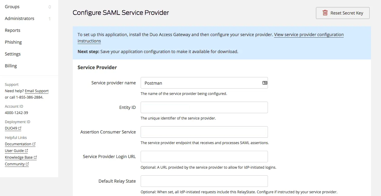 تنظیم Service Provider Name و Entity ID و ACS در Duo برای Postman