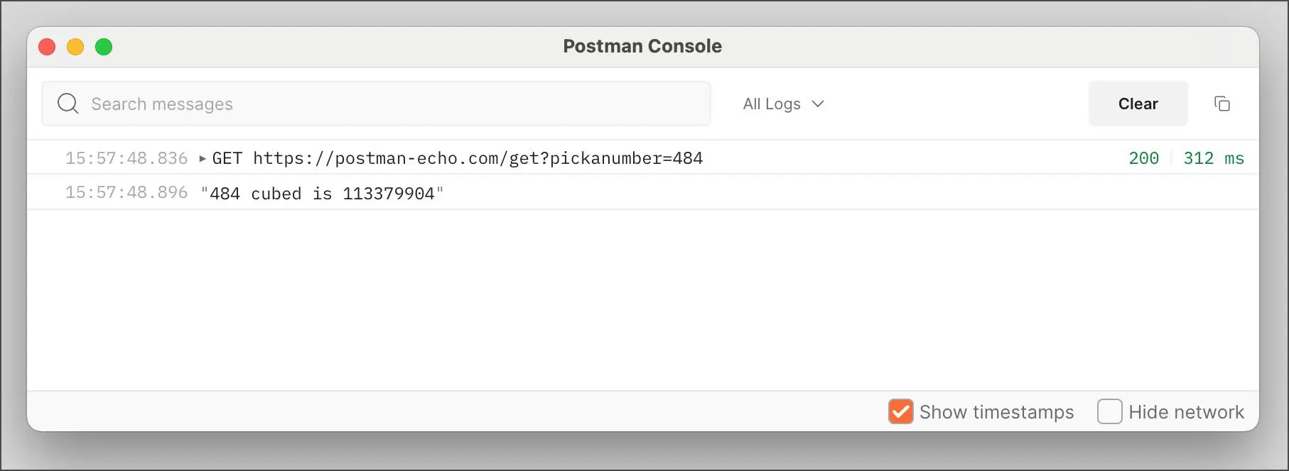 نمای Postman Console با رویداد شبکه و خروجی ثبت‌شده از Log block