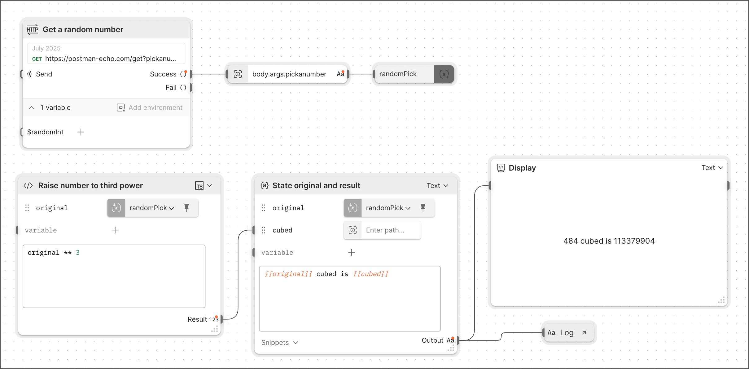 نمونه Flow که خروجی را با Log block در Postman Console ثبت می‌کند