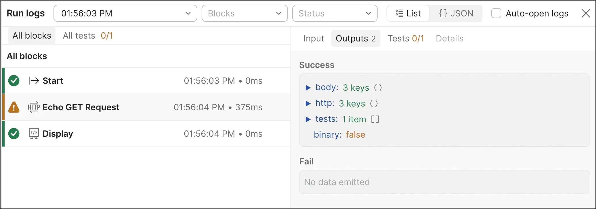 پنل Run logs در Postman Flows برای بررسی input، output، test results و وضعیت اجرا
