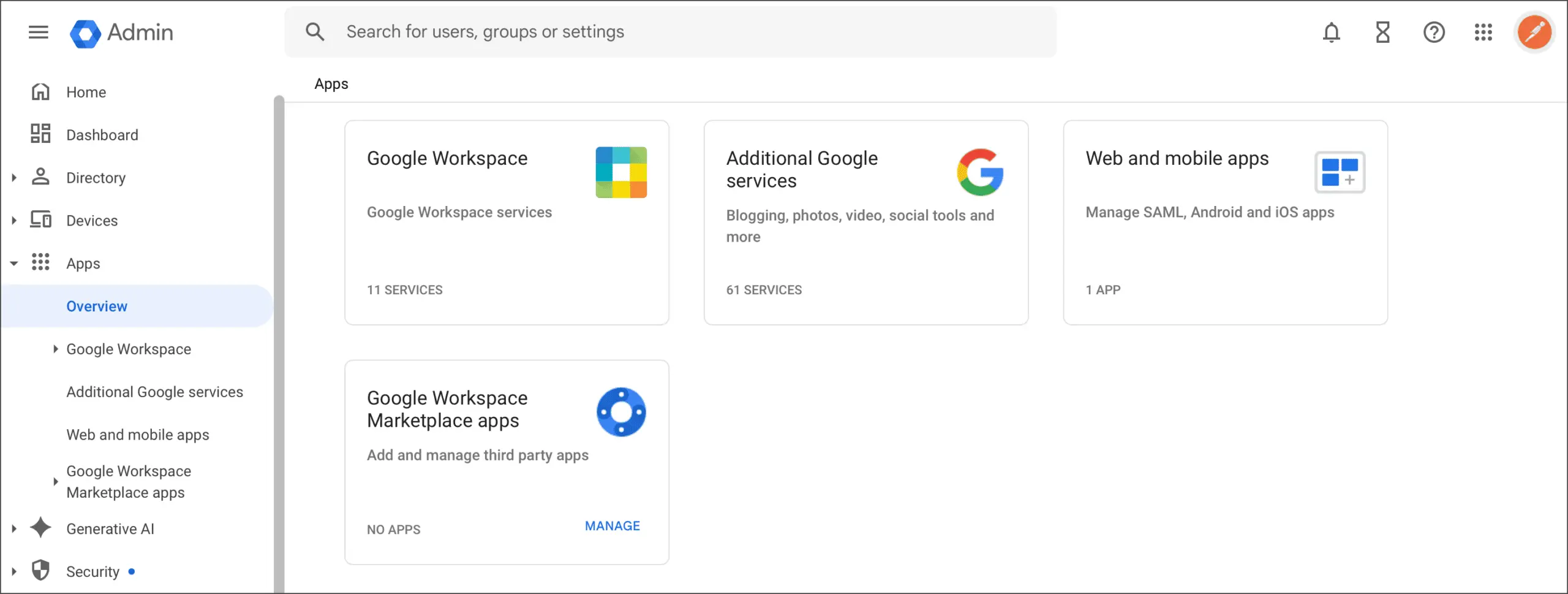 صفحه Apps در Google Admin console برای ساخت SAML app پستمن