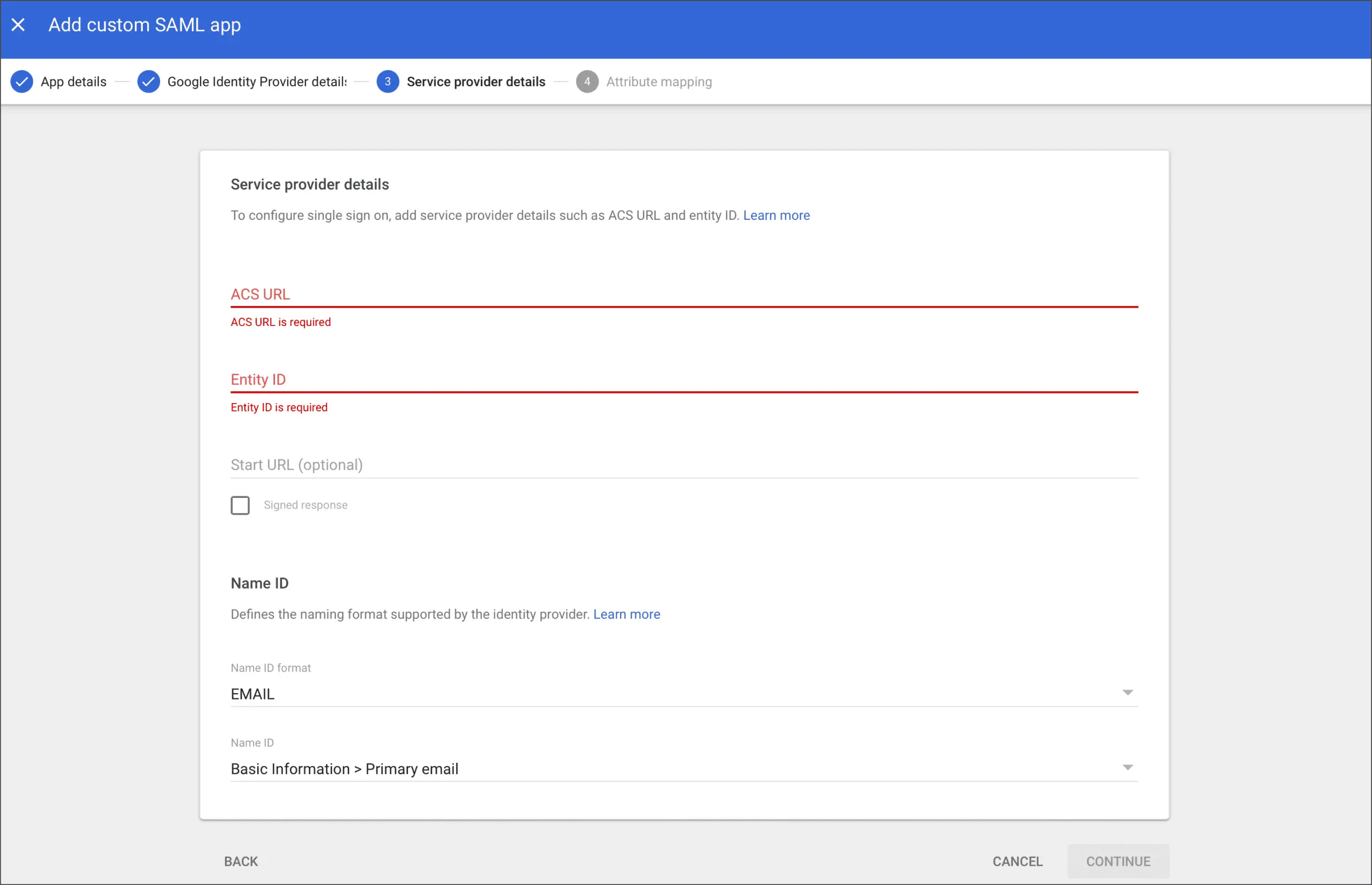 وارد کردن ACS URL و Entity ID و Relay state در Google Workspace