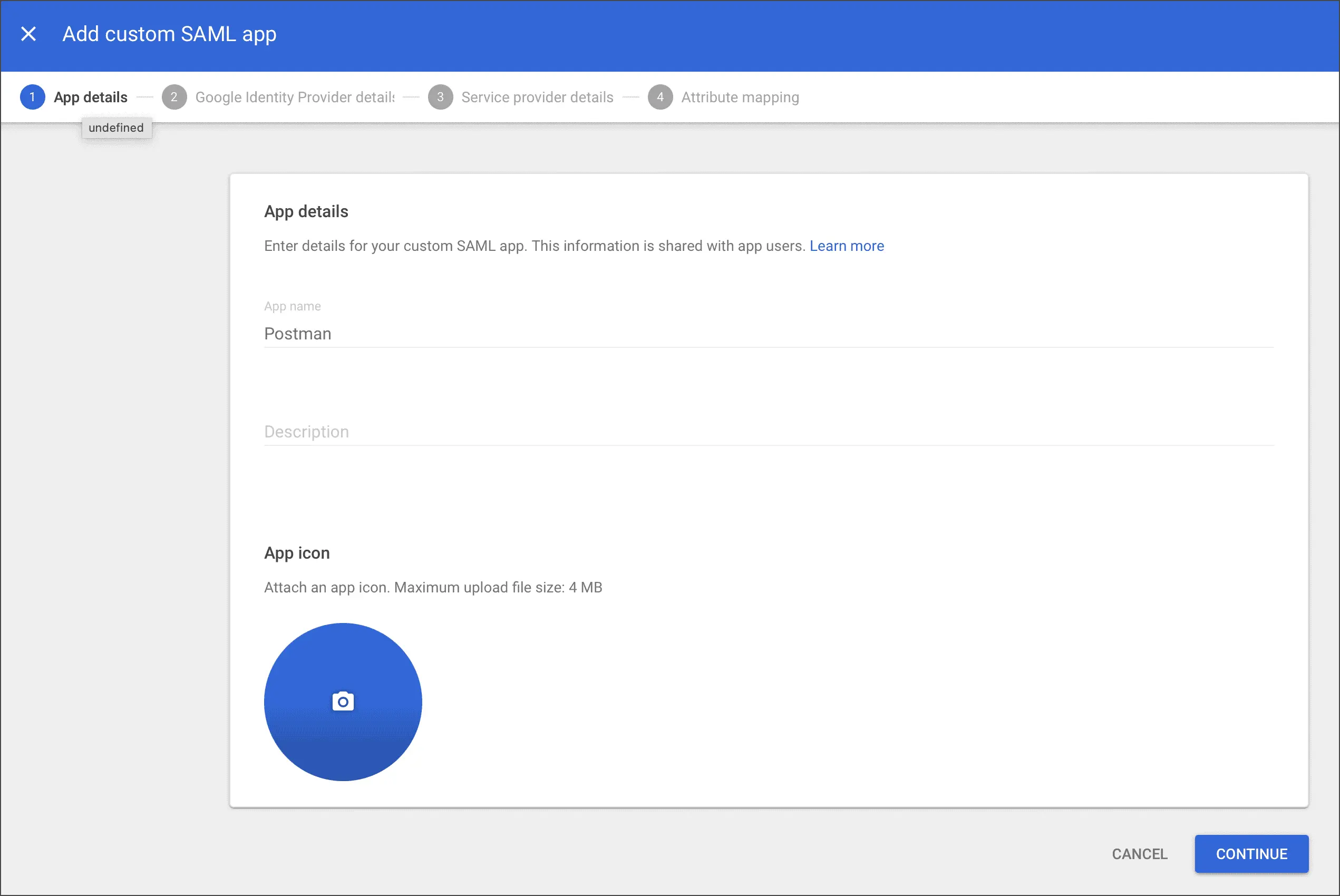 وارد کردن نام برنامه SAML برای Postman در Google Workspace