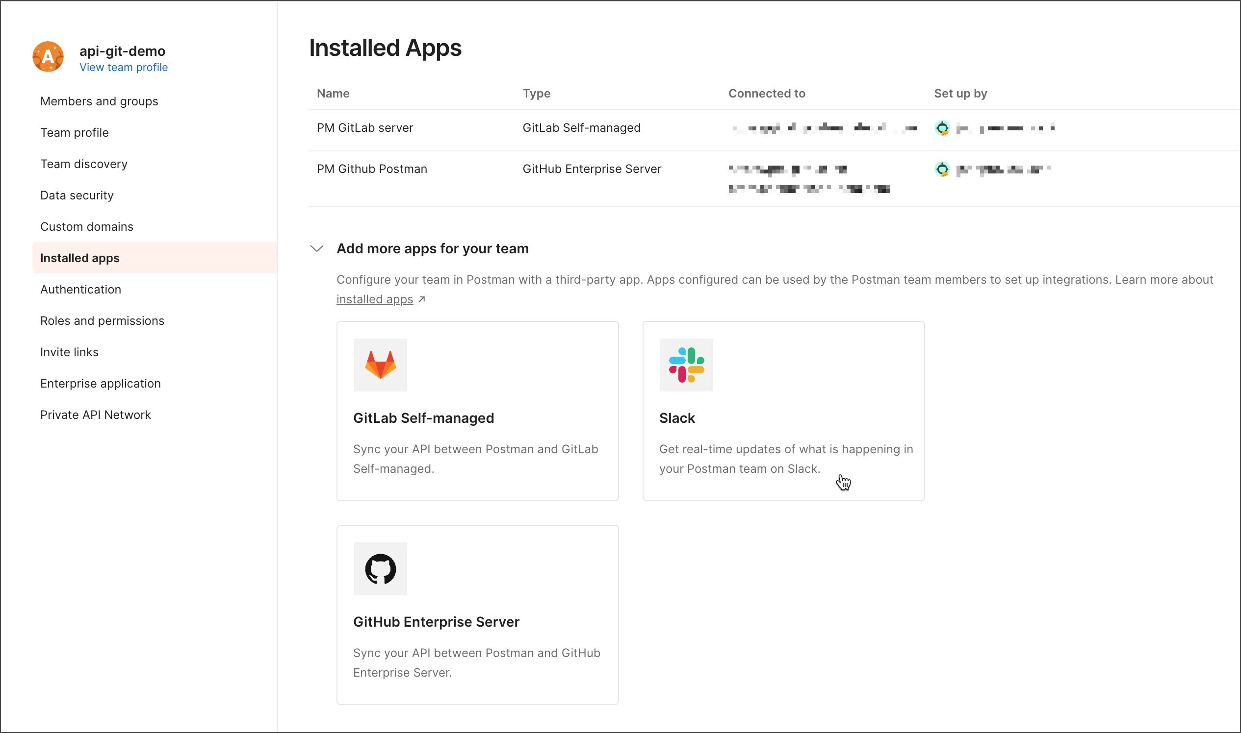 نمای افزودن Installed App از صفحه Team Settings در Postman