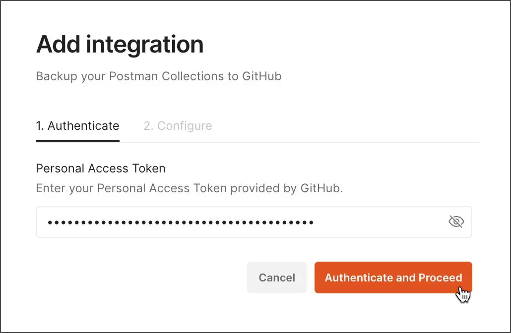 نمای وارد کردن GitHub Personal Access Token برای احراز هویت Integration در Postman