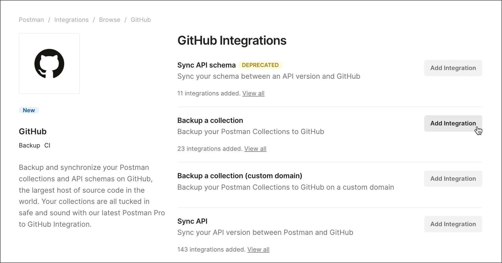 نمای انتخاب GitHub از بخش Integrations برای بکاپ گرفتن از Collection در Postman