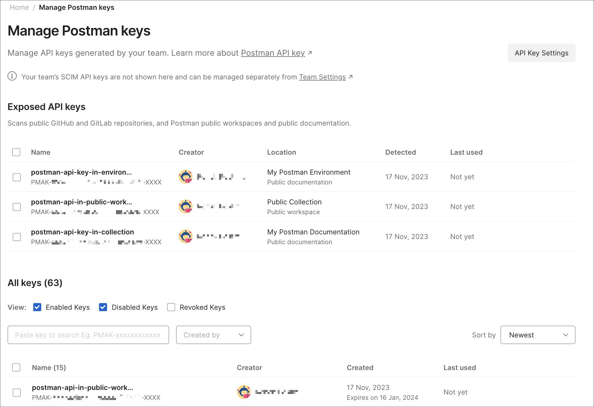 داشبورد مدیریت Postman API keyها