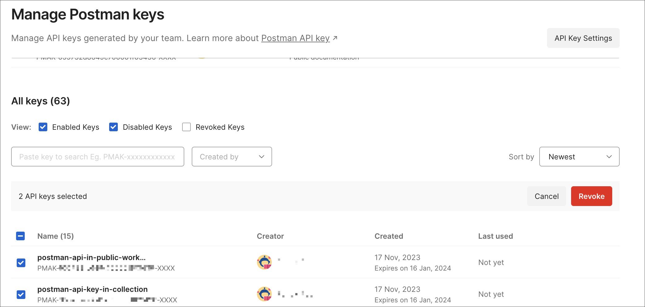 لغو چند API key در Postman