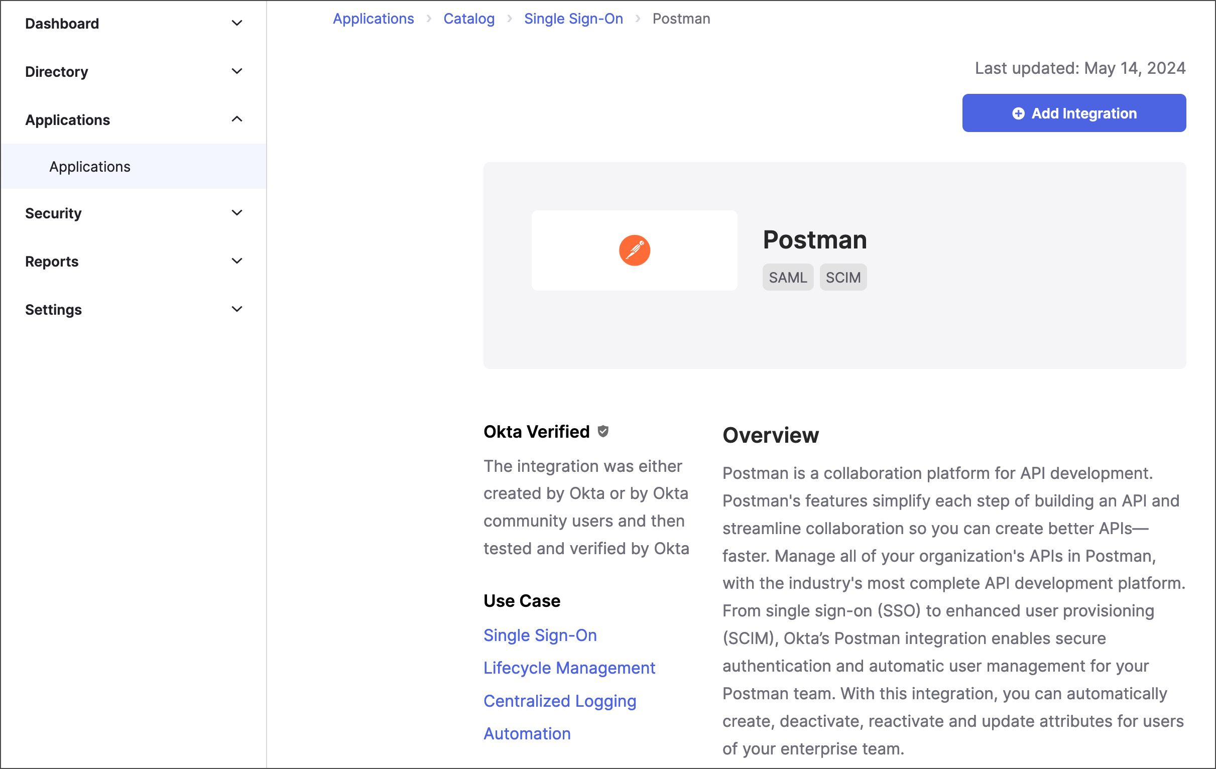 انتخاب Postman app و Add Integration در Okta