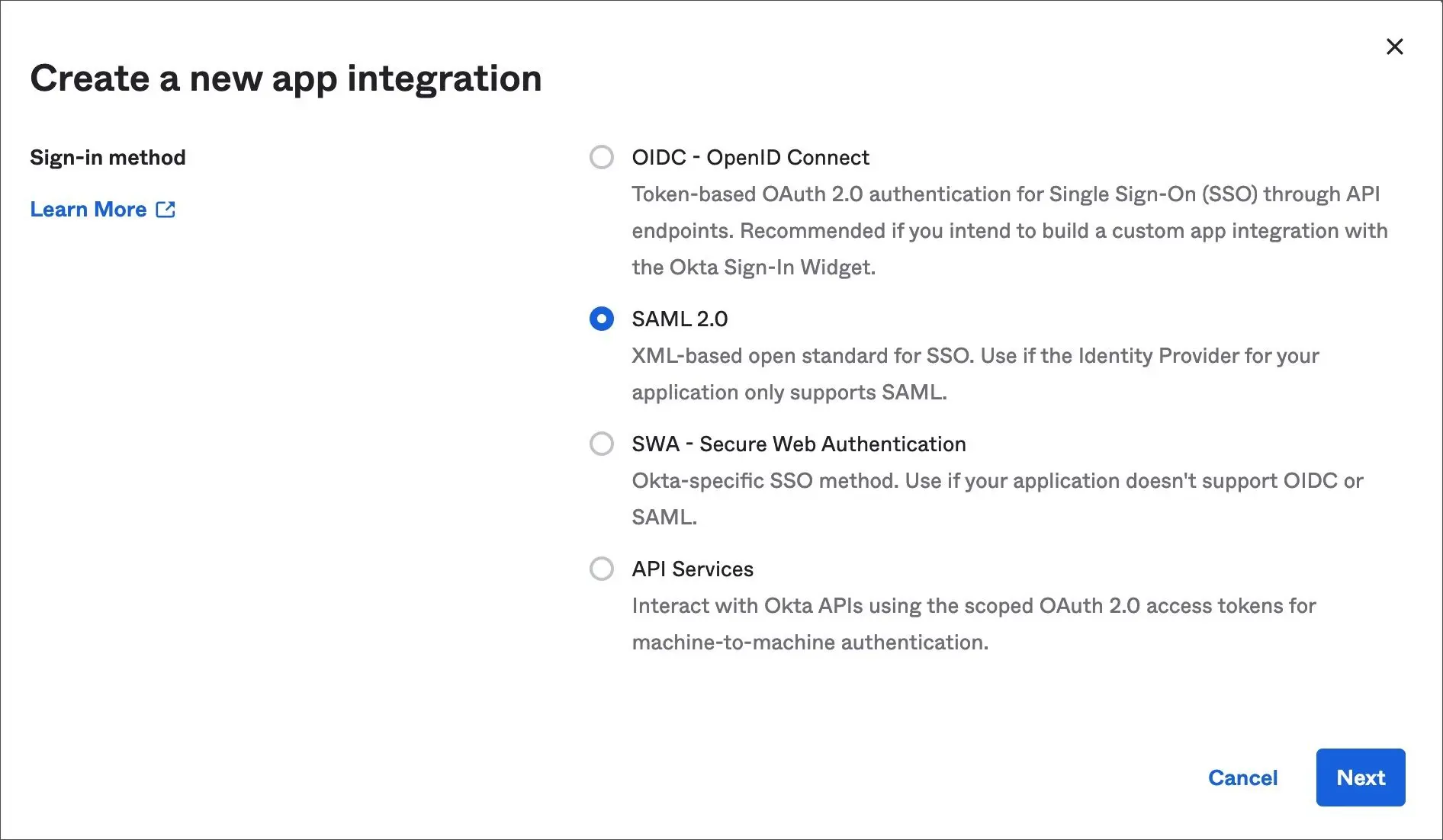 انتخاب SAML 2.0 در Create a new app integration در Okta