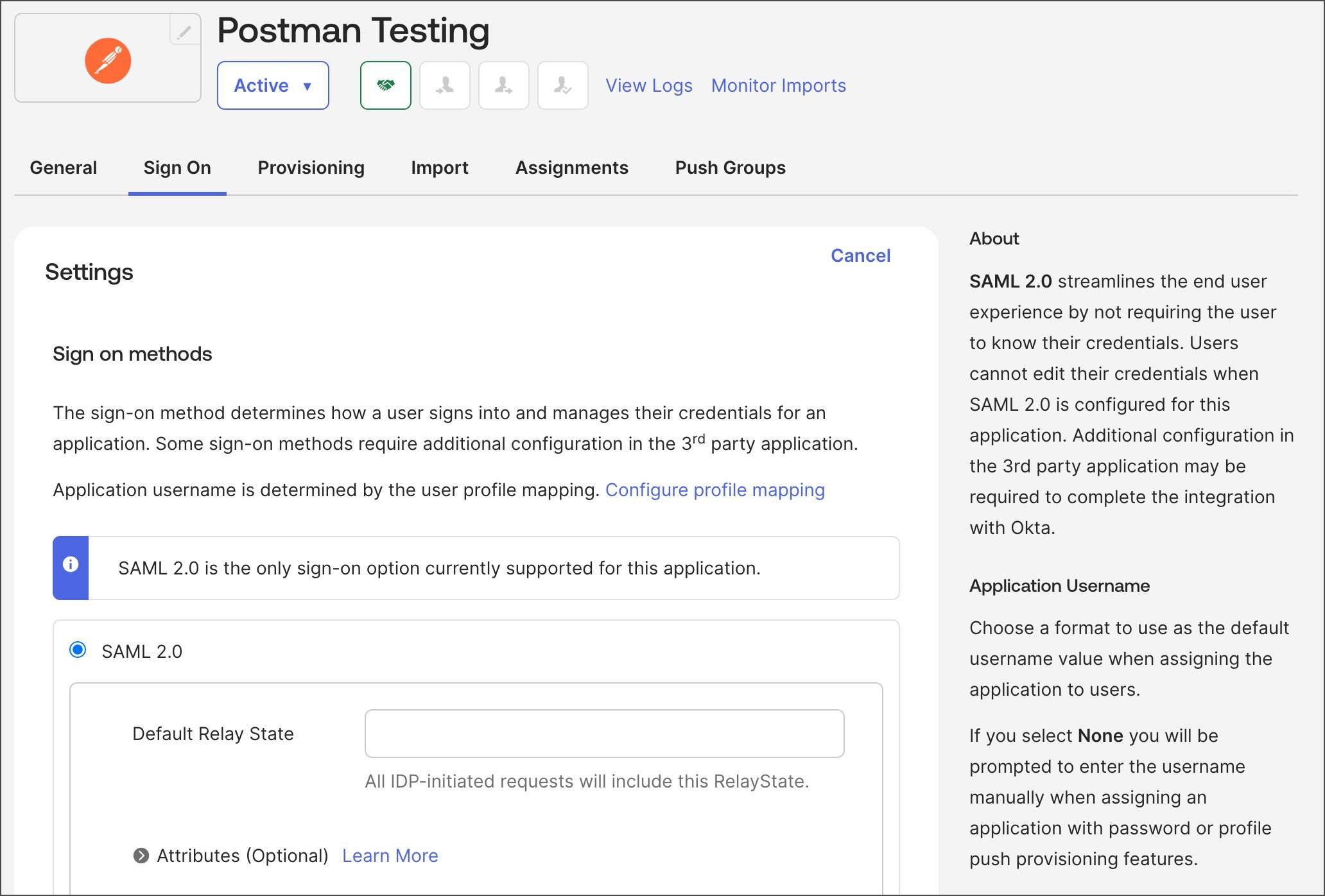 تب Sign On در Okta برای تنظیمات Postman SSO