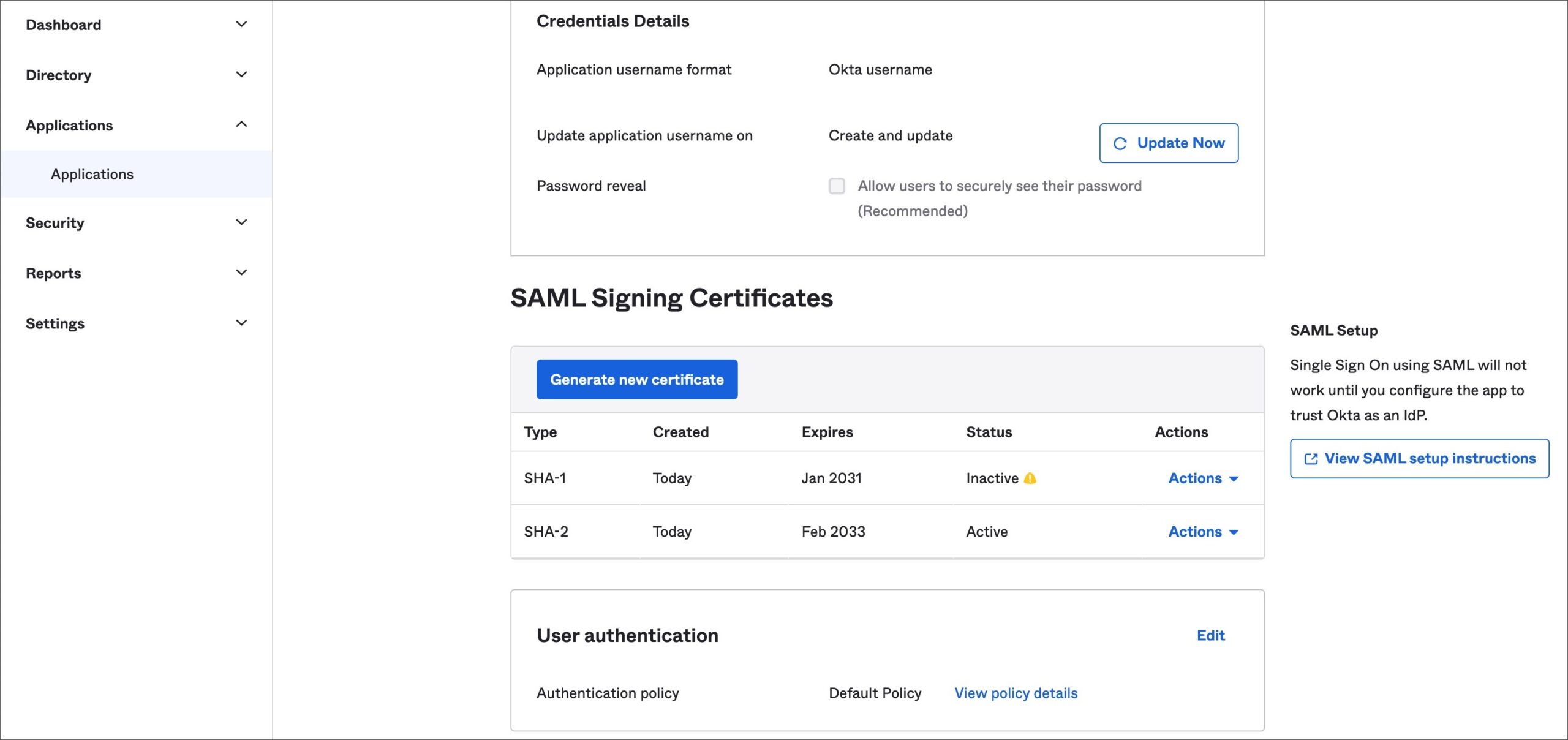 صفحه View SAML setup instructions در Okta برای دریافت SSO URL و issuer و certificate