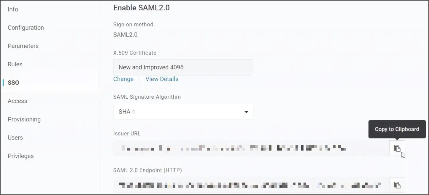 صفحه SSO در OneLogin برای دریافت Issuer URL و SAML endpoint و X.509 Certificate
