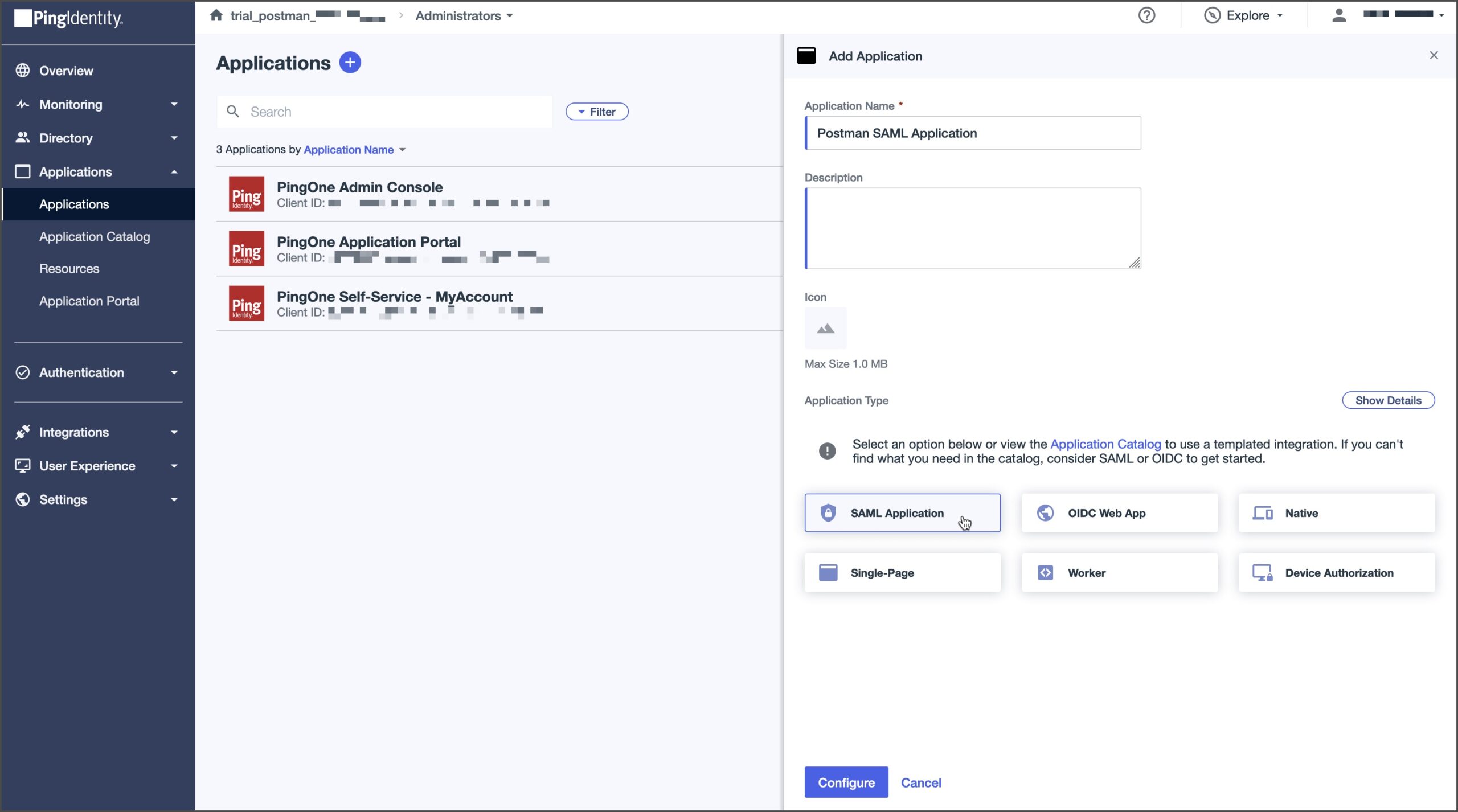 انتخاب SAML Application و شروع پیکربندی برنامه Postman در Ping Identity