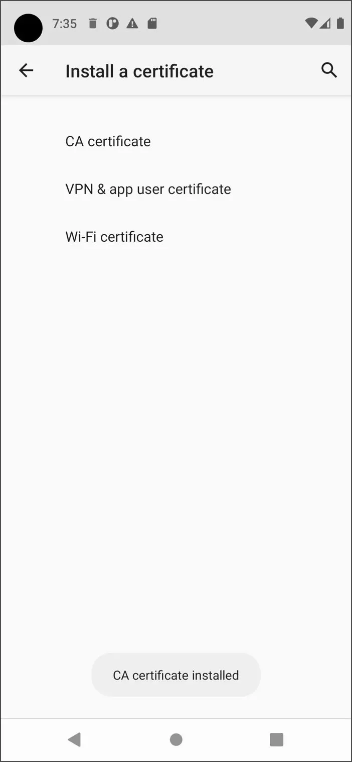 پیام نصب شدن گواهی Postman proxy در Android