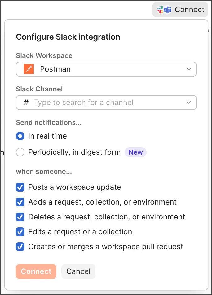 پنجره Configure Slack integration برای انتخاب channel و نوع اعلانهای workspace در Postman