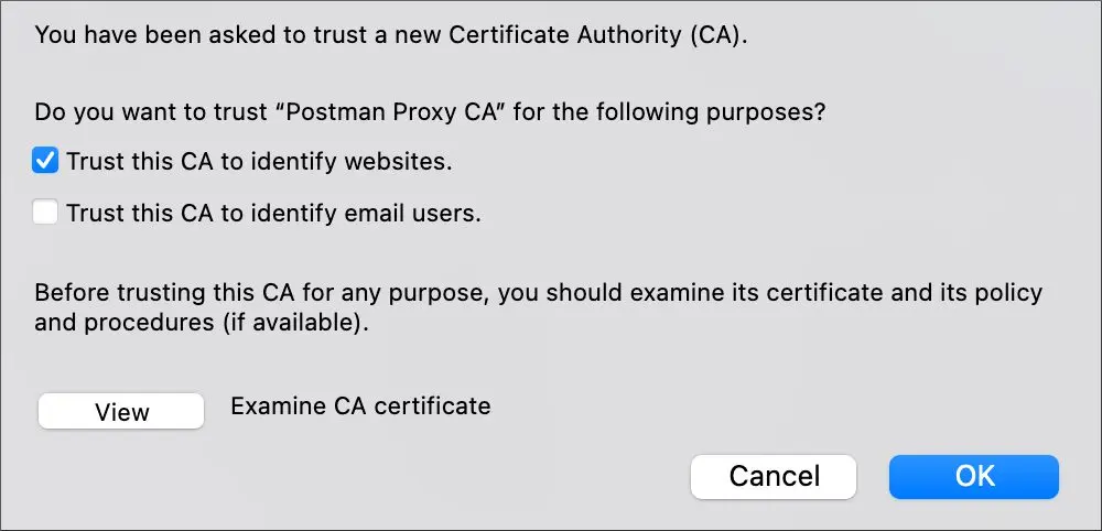 گزینه Trust this CA to identify websites در Firefox برای گواهی Postman