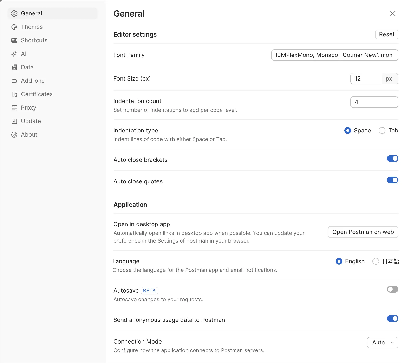 صفحه General settings در تنظیمات برنامه Postman