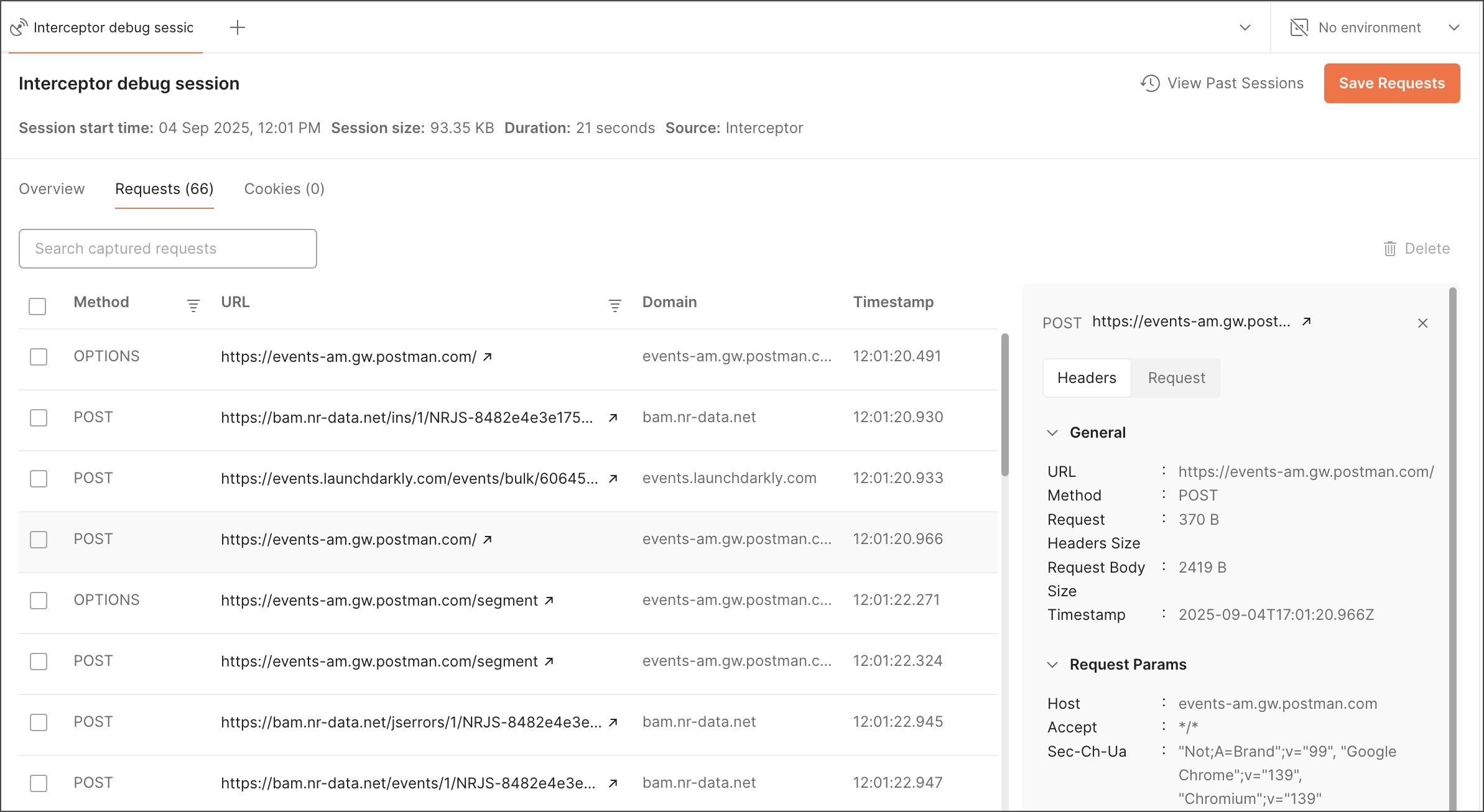 نمای نتایج جلسه Postman Interceptor شامل requestها و cookieهای ضبطشده