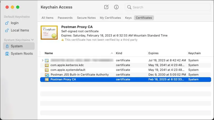 انتخاب System keychain برای افزودن گواهی Postman proxy در macOS
