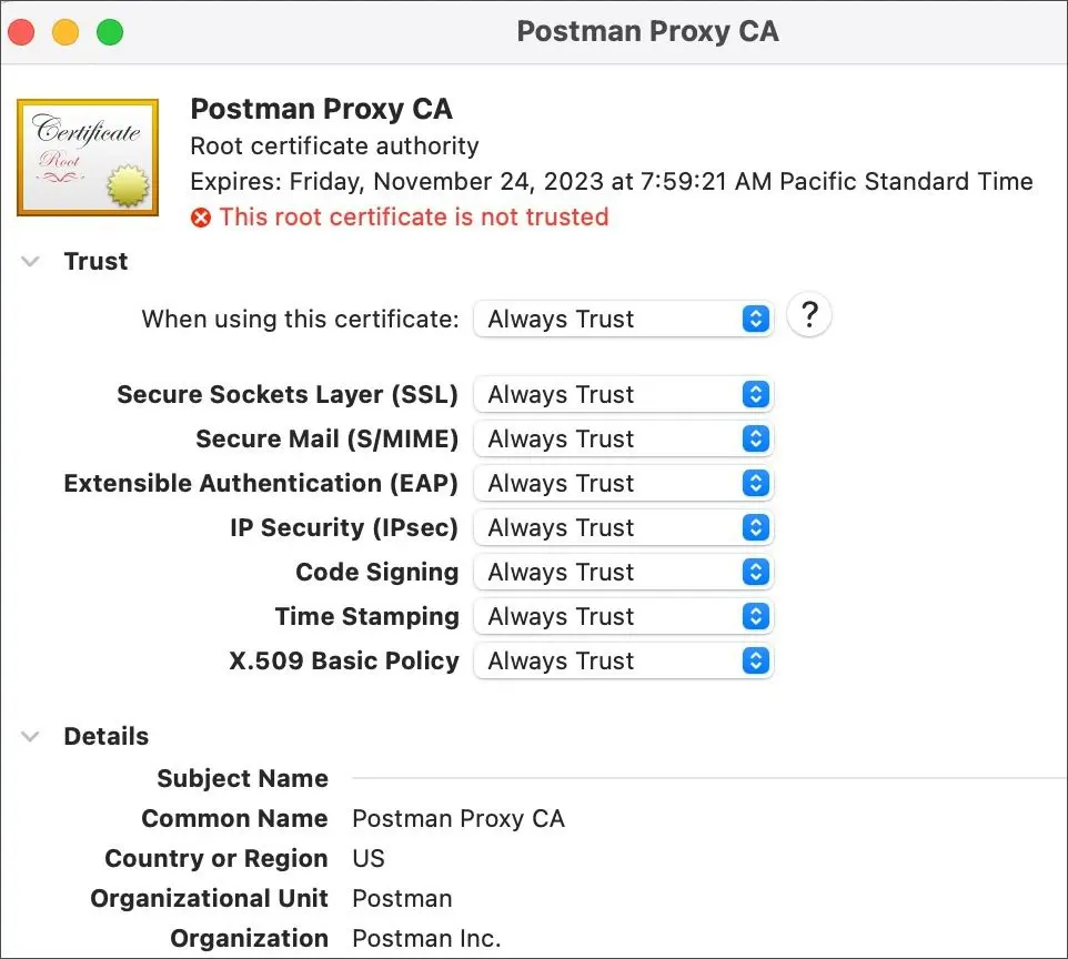 گزینه Always Trust برای گواهی Postman proxy در Keychain macOS