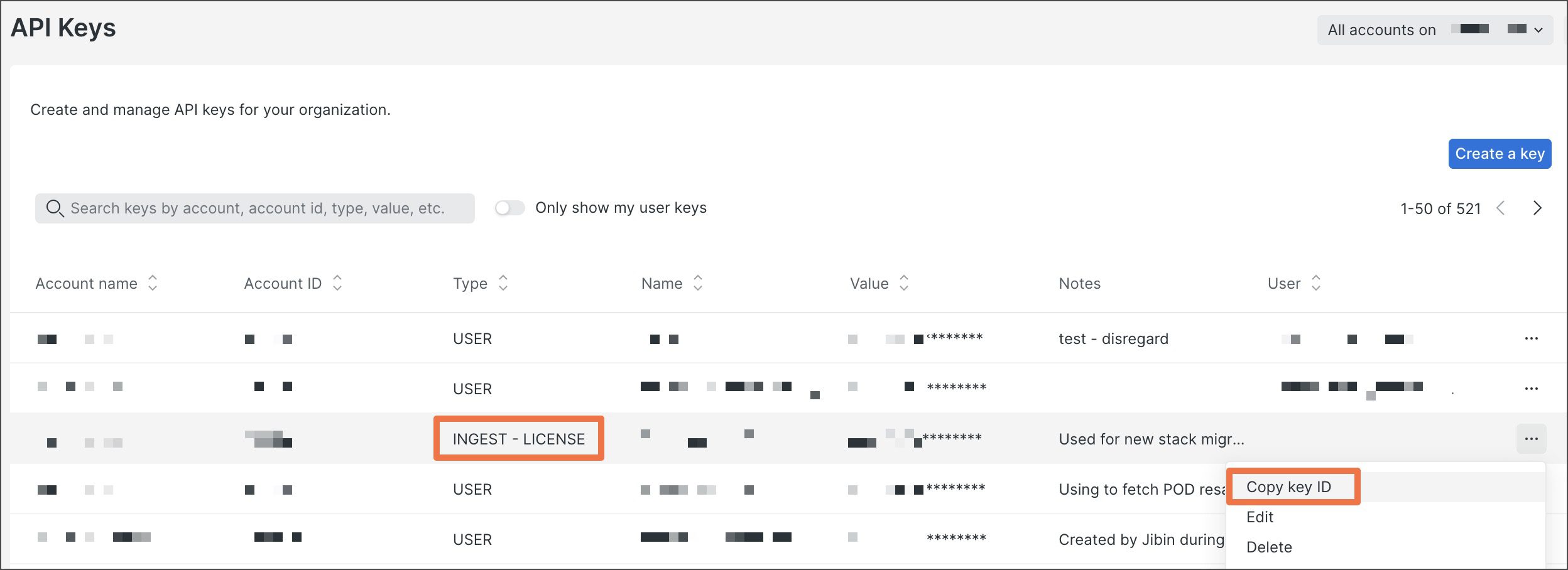 محل کپی کردن کلید INGEST LICENSE در صفحه API Keys سرویس New Relic