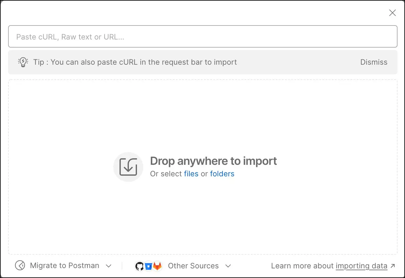 پنجره Import در Postman برای وارد کردن تعریف OpenAPI از فایل، URL، متن خام یا مخزن کد