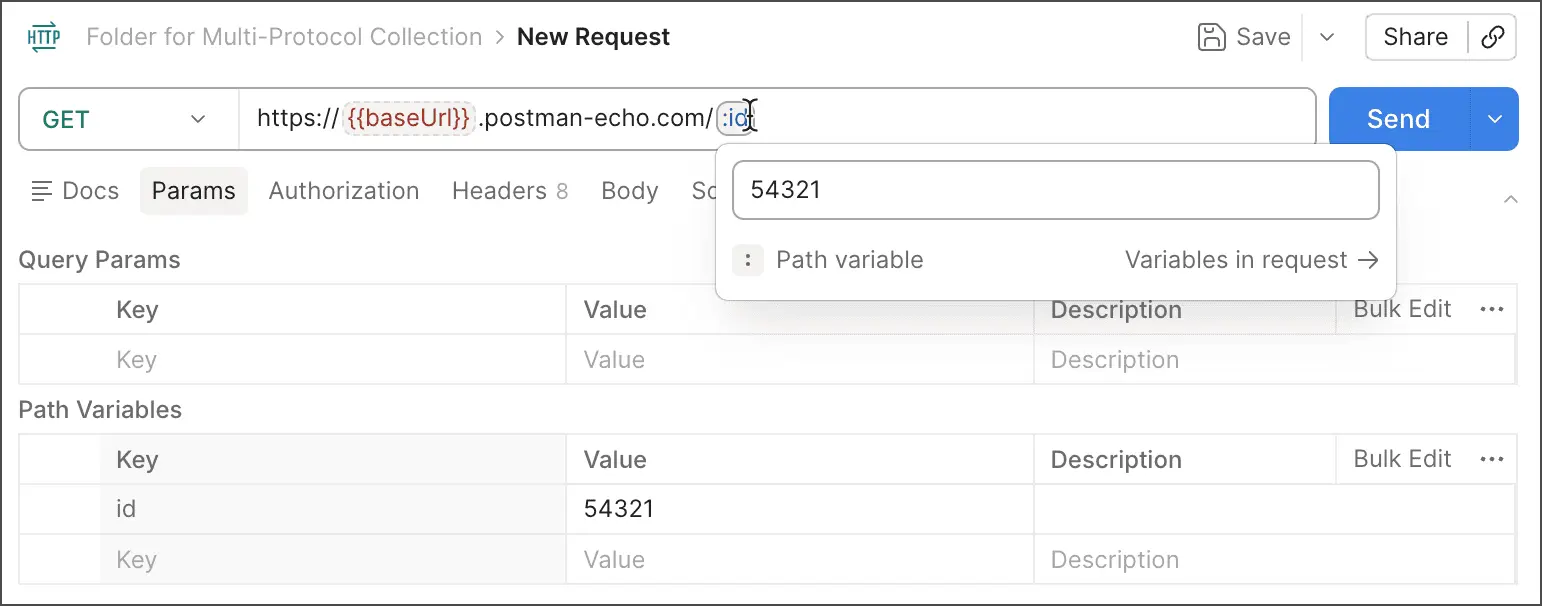 نمای ویرایش پارامتر Path در URL درخواست Postman