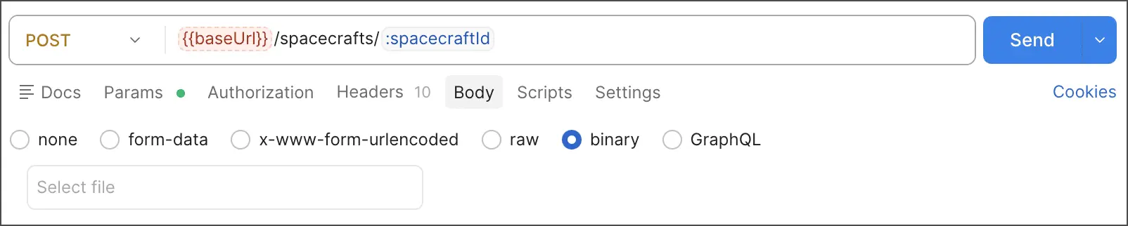 انتخاب فایل Binary در تب Body درخواست Postman
