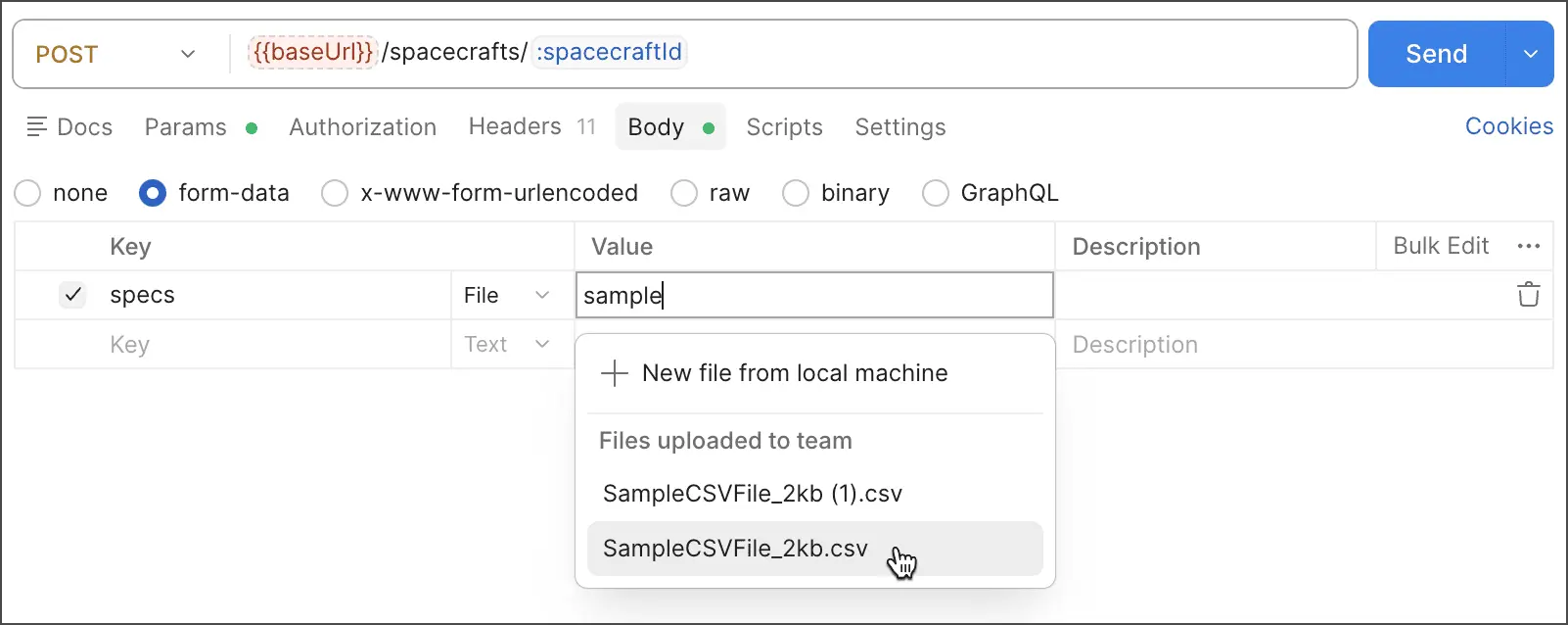 انتخاب فایل محلی یا فایل آپلودشده برای Test Data در Postman
