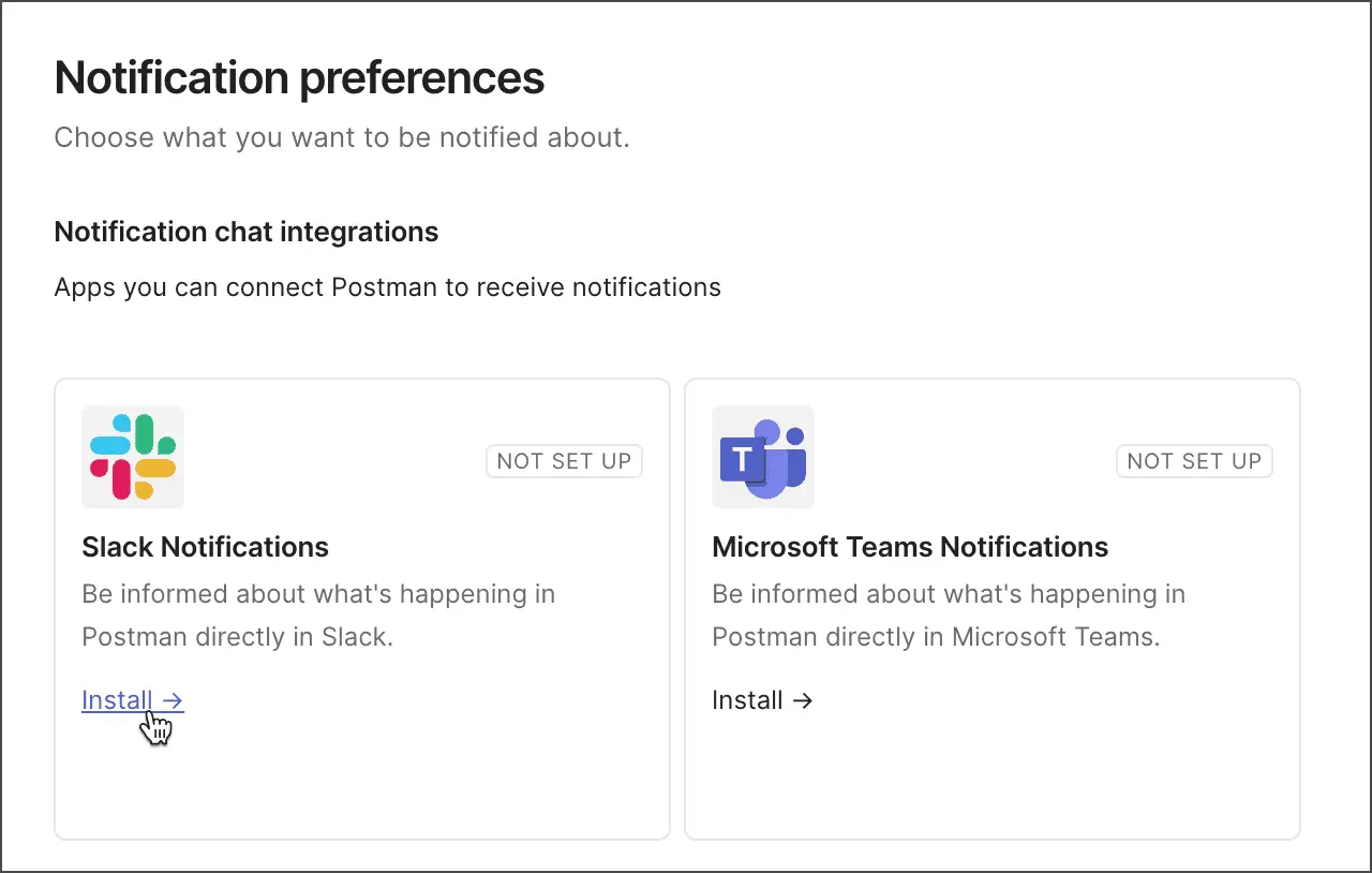 پنل Slack Notifications در صفحه Notification preferences برای نصب اتصال Slack در Postman