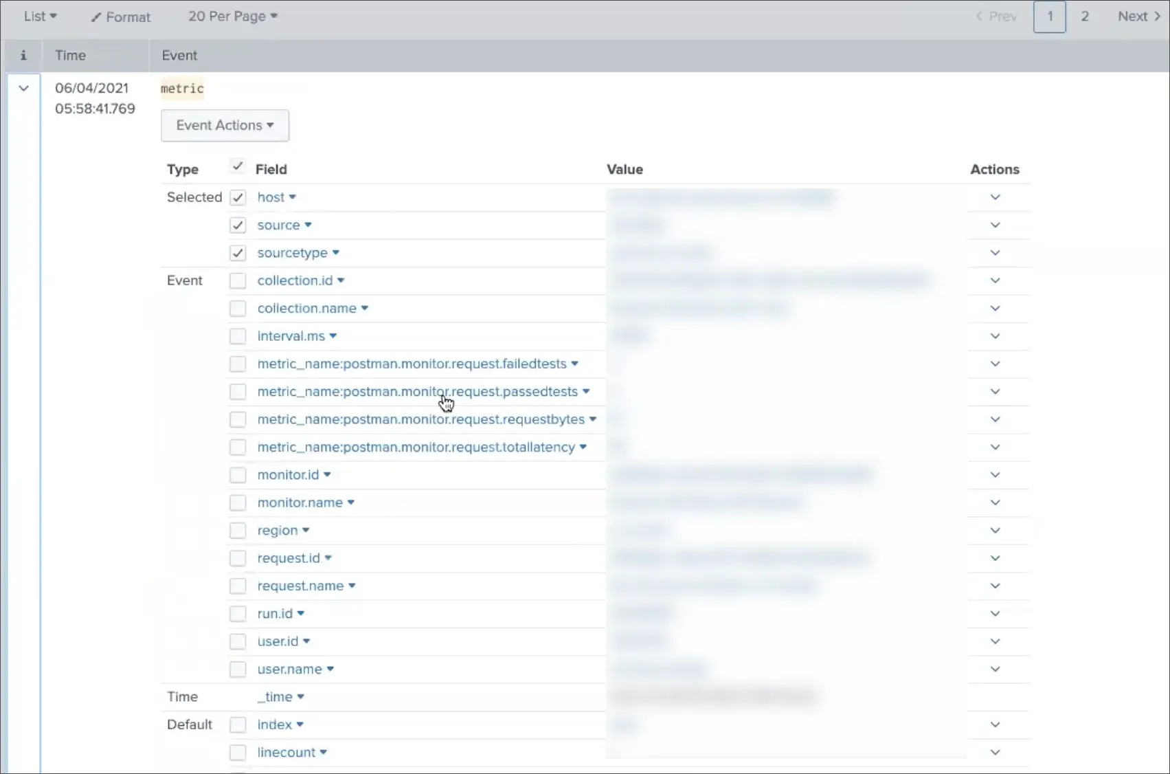 جزئیات یک metric ارسالشده از Postman Monitor در Splunk