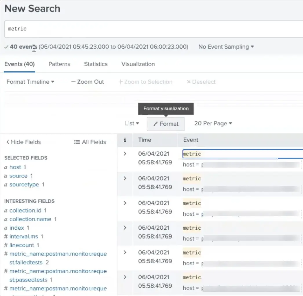 نمای جستجوی metricهای Postman Monitor در Splunk Search and Reporting