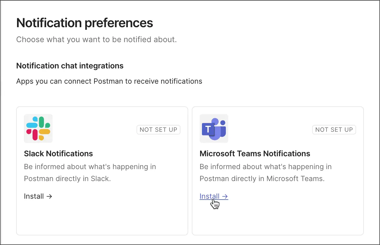 پنل Notification preferences برای اتصال Microsoft Teams Notifications در Postman