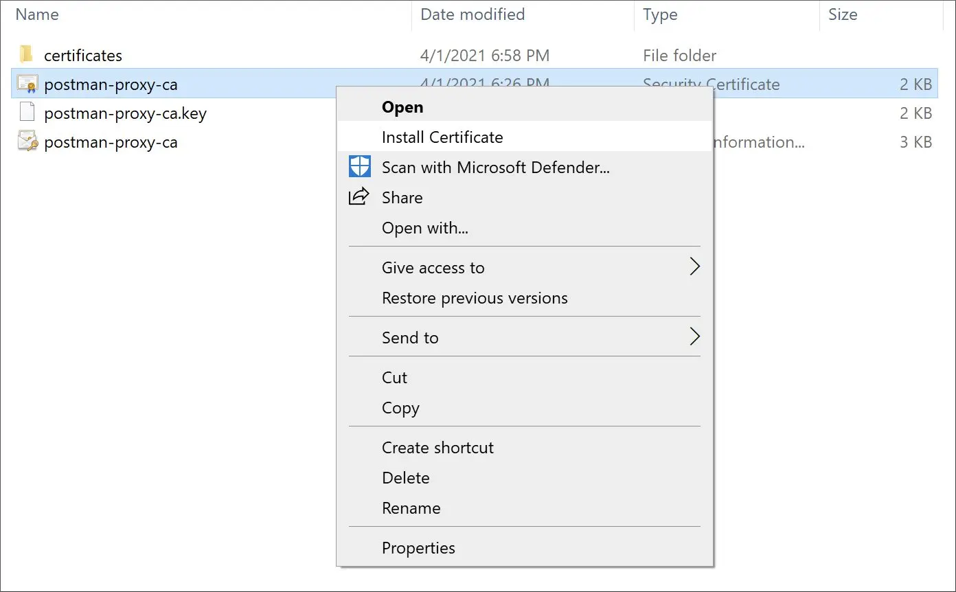 گزینه Install Certificate برای فایل postman-proxy-ca.crt در ویندوز