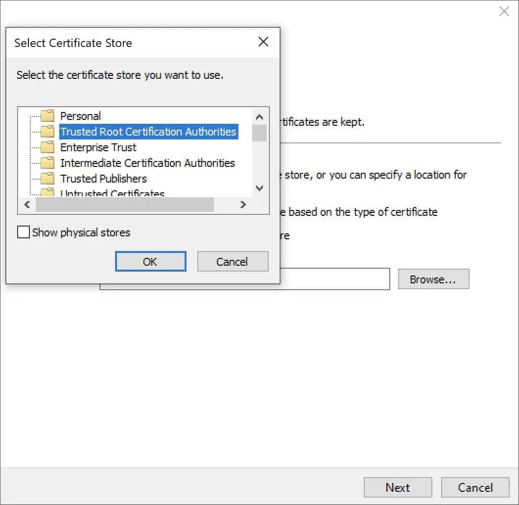 انتخاب محل Trusted Root Certification Authorities برای نصب certificate در ویندوز