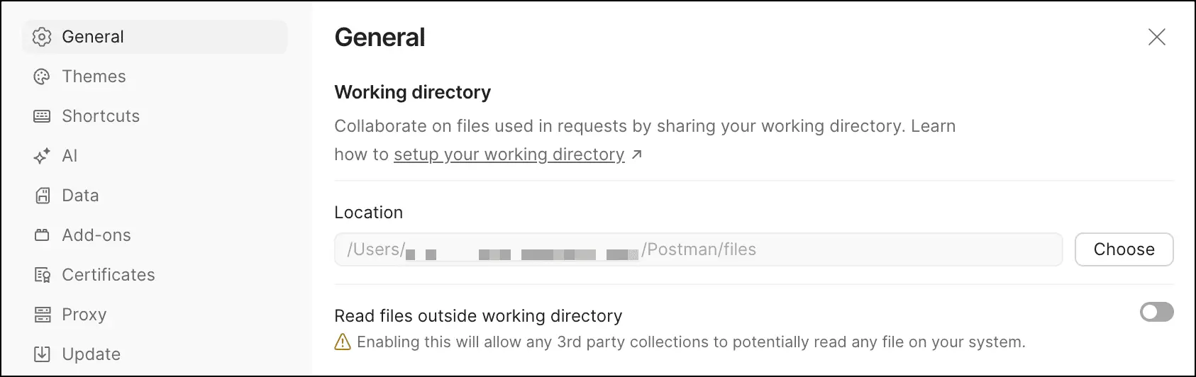 صفحه تنظیمات Working directory در Postman
