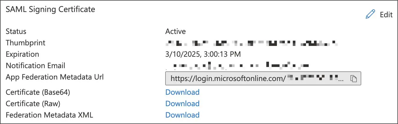 دانلود Federation Metadata XML از بخش SAML Signing Certificate در Entra ID