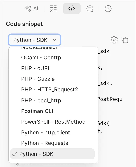 انتخاب snippet SDK در Postman